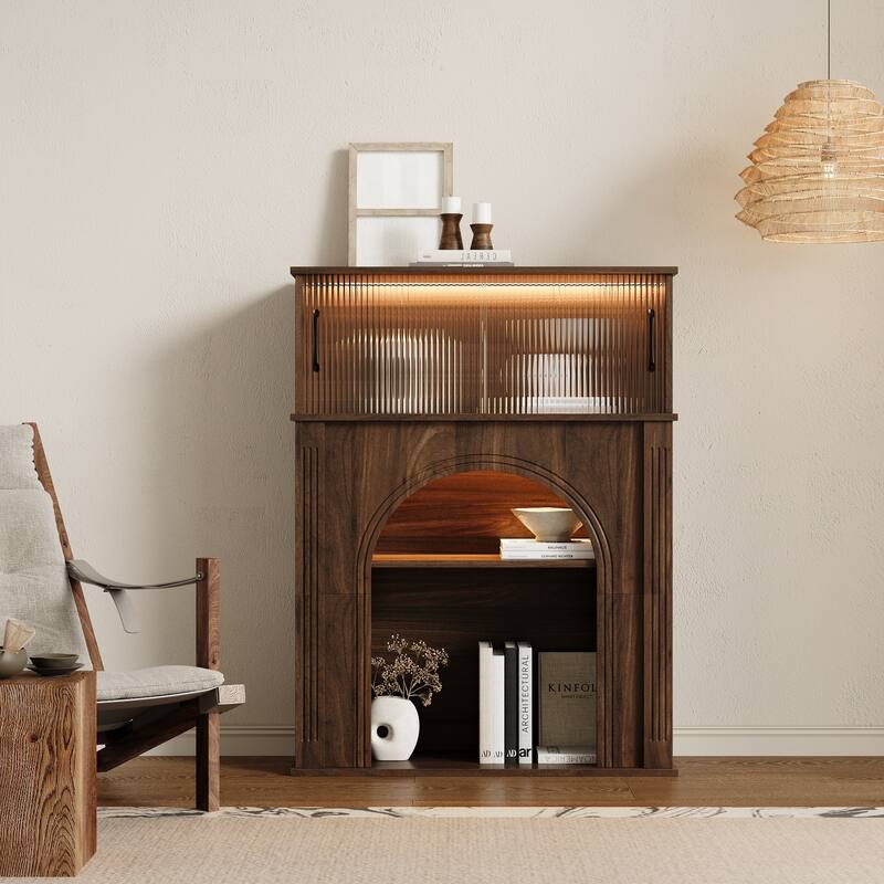 LED Lighted Display Cabinet with Fluted Glass Doors, Wooden Sideboard Buffet Cabinet for Living Room or Dining Room