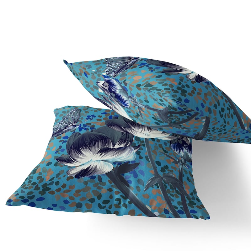 HomeRoots Set of Two 16" X 16" Blue and Green Butterfly Blown Seam Floral Indoor Outdoor Throw Pillow - 16.00' X '16.00' X '5.00