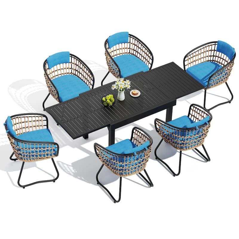 5/7/11-Piece Set Outdoor Aluminum Extendable Patio Dining Table Set with Rattan Chairs
