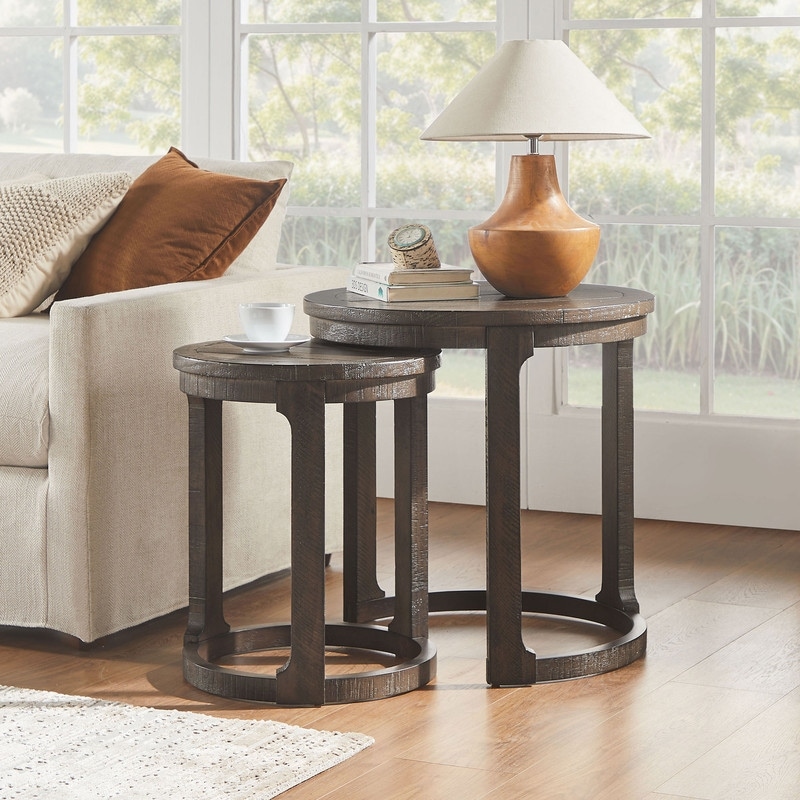 Set of 2 24'' Curved Round Wood Mid Century Rustic Coffee Tables for Living Room