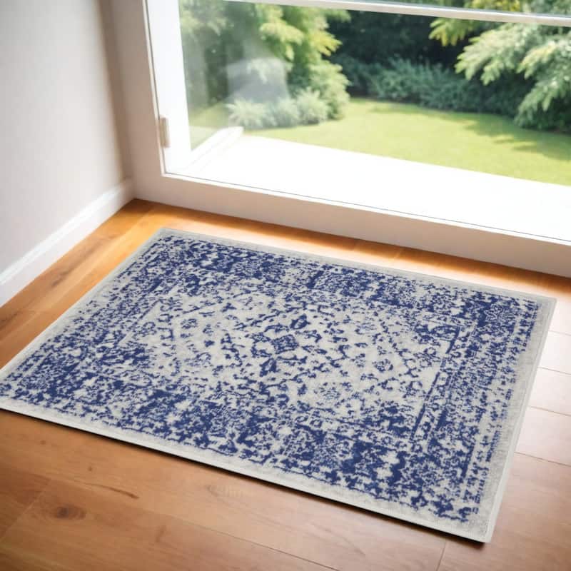 Power Loomed Distressed Geometric Modern Stain Resistant Area Rug - 36' X '24' X '0.39 - 36' X '24' X '0.39 - Oxford Blue - Rectangle