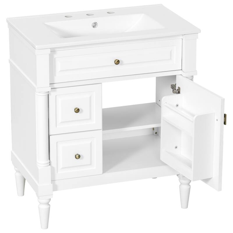 Roomfitters 30" Bathroom Vanity with Sink, Solid Wood Frame, Flip Drawer, 2 Drawers & Door Rack
