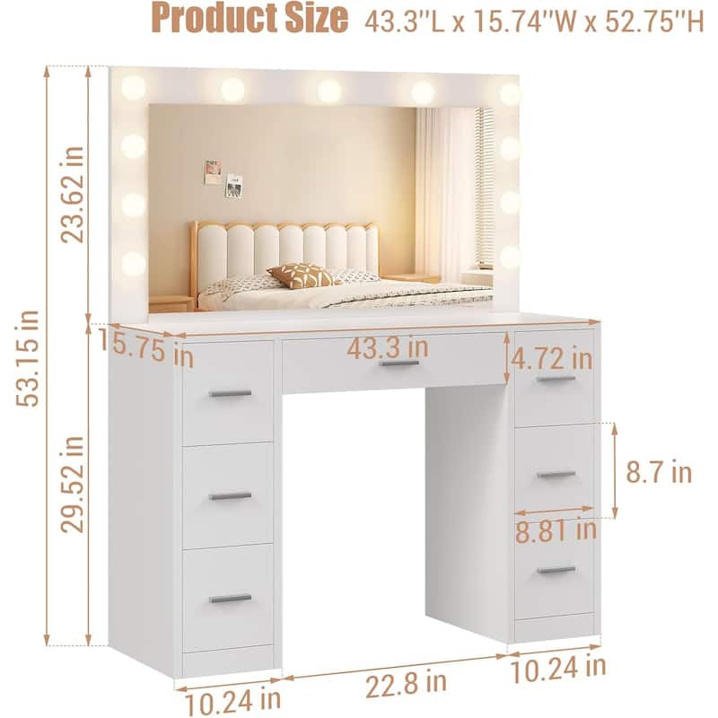 Vanity Desk with Lights, Makeup Vanity with Power Strip, Dressing Table with 7 Drawers