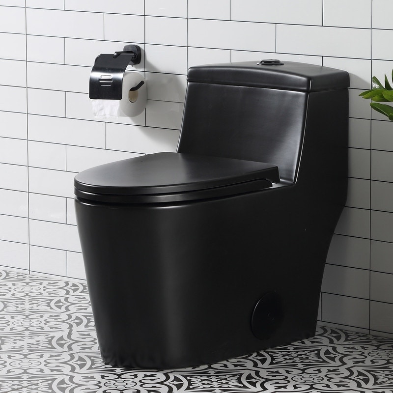 HOROW 1 Piece Dual Flush Elongated Toilet Black 0.8/1.28 GPF Seat Included - N/A