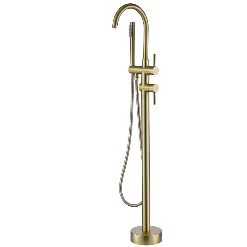 46"H Double Handle Floor Mounted Freestanding Tub Filler with Handheld Shower - Brushed Gold