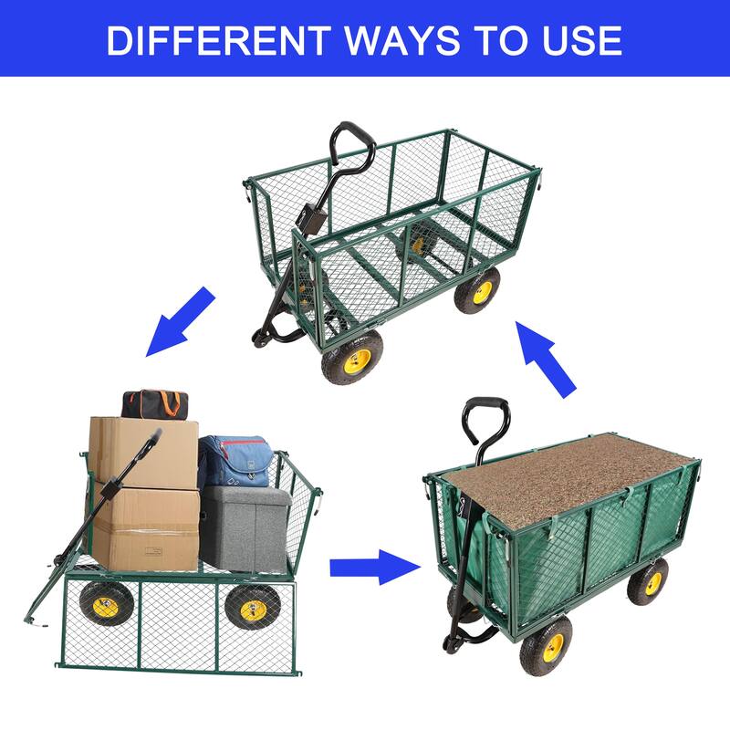 Utility Wagon with 880 lb Load - Mesh Garden Cart with 10" Tires, Removable Sides & Handle, for Landscaping & Outdoor Hauling
