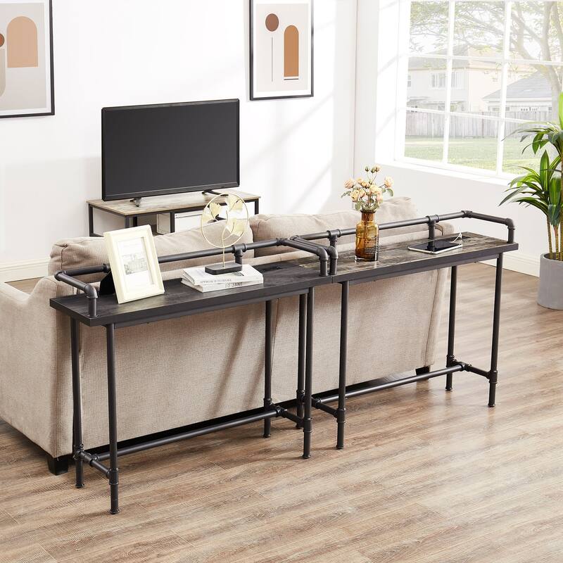 Mid Century Console Table with Power Outlet, Narrow Sofa Table, Sofa Couch Table with Charging Station USB Port