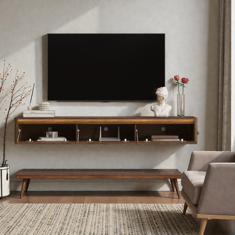 68.9" Floating TV Stand with LED Lights and Power Outlet, Wall Mounted High Gloss Media Console Shelf for Living Room