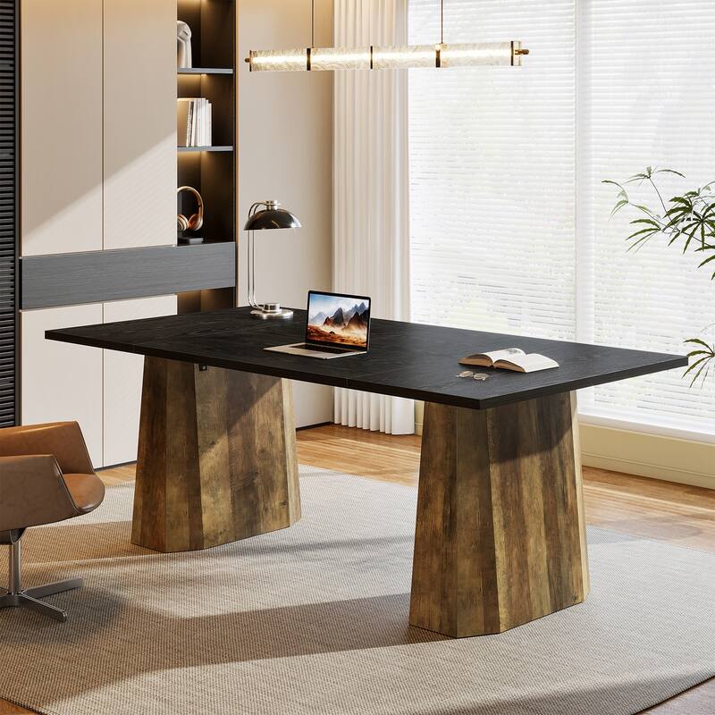 63-Inch Office Computer Desk, Large Simple Executive Desk with Double Wooden Pedestal