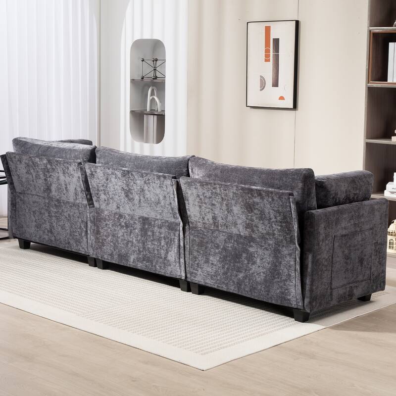 Chenille Upholstered 3 Seater Sofa, Cloud Sofa with 2 Pillows, Deep Seat Sofa with Storage Pocket for Living Room, Apartment