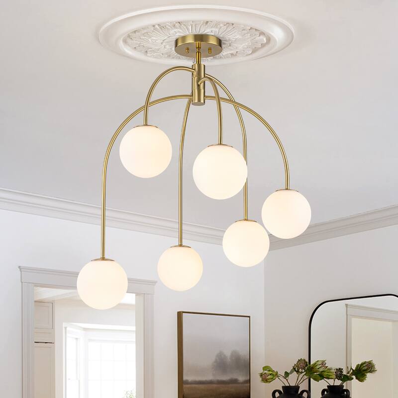 6-Light Brass Semi-Flush Mount Ceiling Light with Opal Glass Globe Shades - 27.2-in W x 32.3-in H