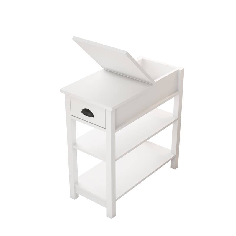 Modern Narrow Sided Table Nightstand with Drawers and Bottom Partition in Flip Over Design