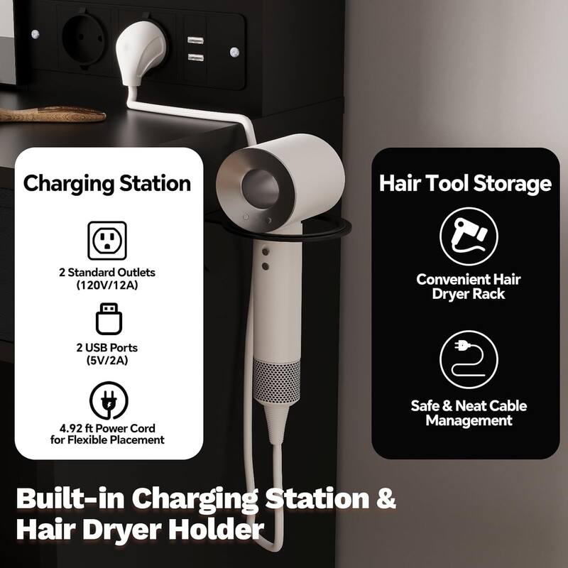 2 Drawer Makeup Vanity Desk Set with Power Outlet, USB Ports, Stool