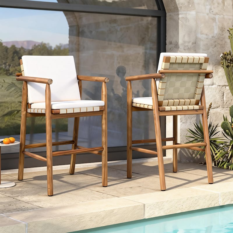 Roomfitters Set of 2 Outdoor Bar Stools with Beige Cushions, Natural Wood High Chairs for Patio Balcony Kitchen, Natural