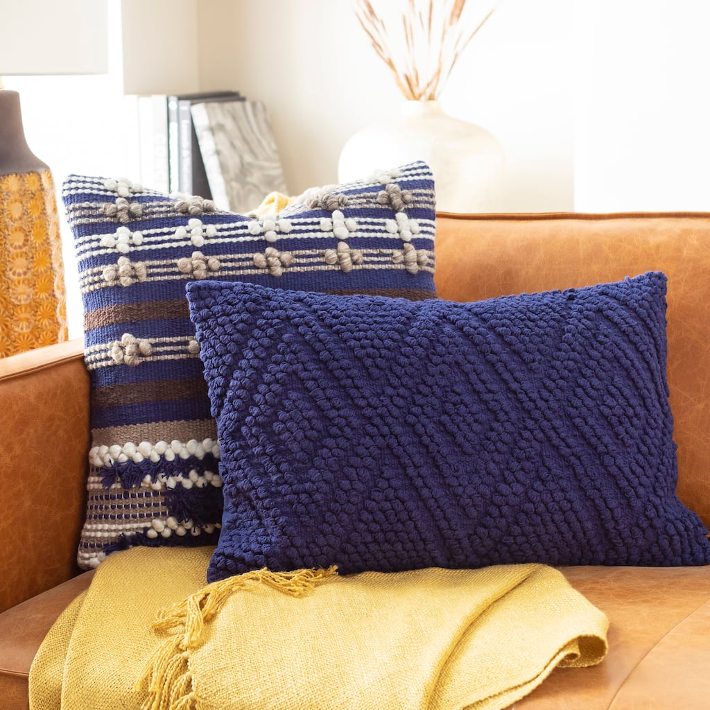 Nadra Hand Woven Blue 14 x 22-inch Down or Poly Filled Lumbar Pillow
