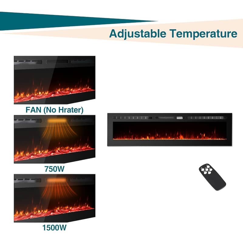 1500W/750W 60"" Electric Fireplace Heater, Dual Power with Thermostat