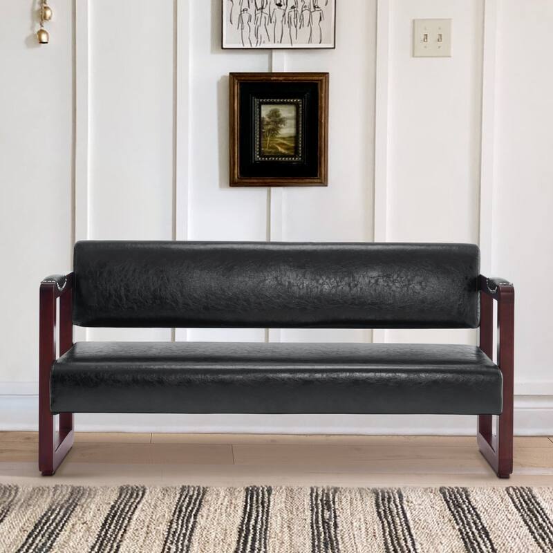 BarberPub Upholstered Waiting Room Chairs, Bench with Backrest, Faux Leather Armed Bench - 23"D x 61.2"W x 29.9"H