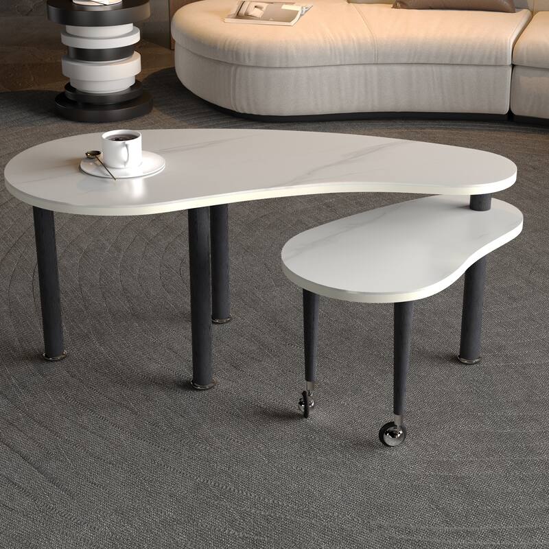 Contemporary rotatable cocktail table with solid rubber wood legs, 360 degree rotating coffee table - White+Black