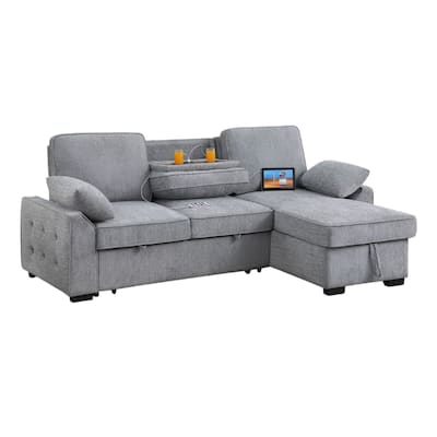 Ken Sectional Sofa Bed Sleeper w Storage Chaise, USB, Gray Chenille