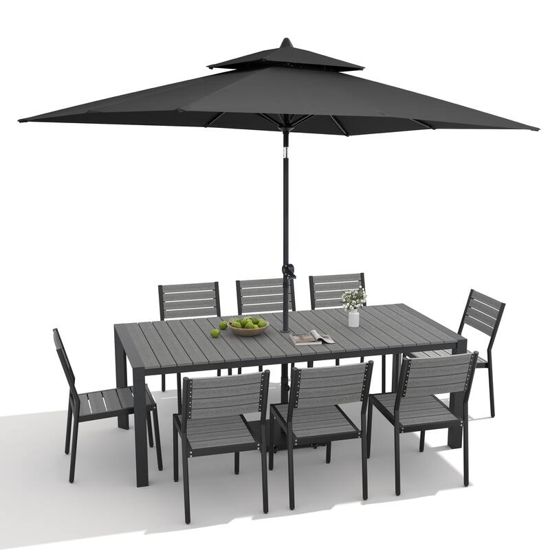 9/11-Piece Outdoor Dining Set Aluminum Table and Stackable Chairs w/10 ft Umbrella and Base