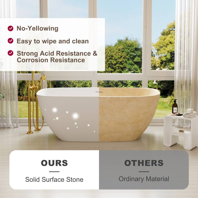 59 in. Freestanding Solid Surface Soaking Bathtub in Matte White, Modern Oval Design with Center Drain