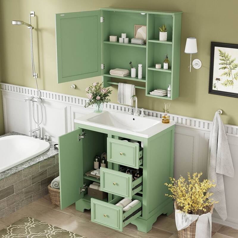 30'' Bathroom Vanity with Top Sink, Freestanding Vanity Set with Mirror Cabinet