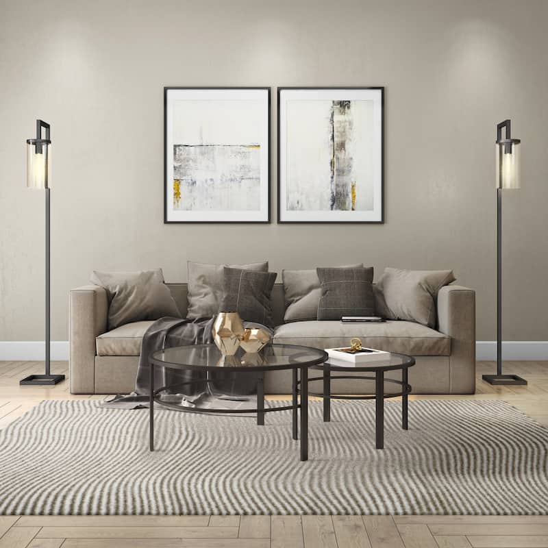 2 Piece Round Glass Nesting Coffee Table Set Clear Top and Black Steel Base for Living Room - 36"L x 36"W x 18"H