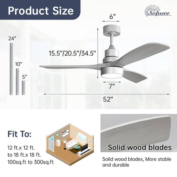 dimension image slide 0 of 14, Sofucor 48/52 Inch Ceiling Fan with Light, Solid Wood Blades for Living Room, Bedroom,Smart Optional