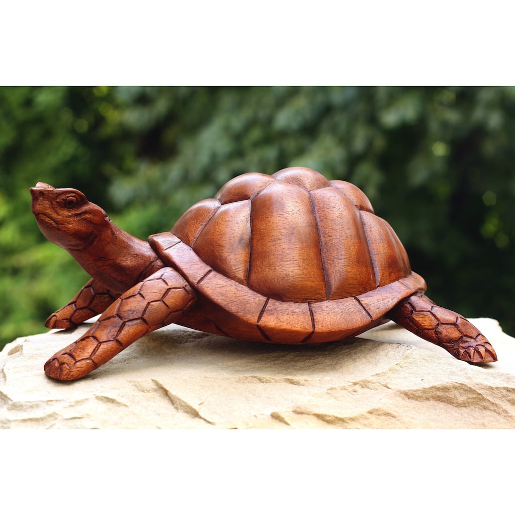 12" Wooden Hand Carved Tortoise Turtle Statue Sculpture Wood Decorative Home Decor Accent Figurine Handcrafted Handmade