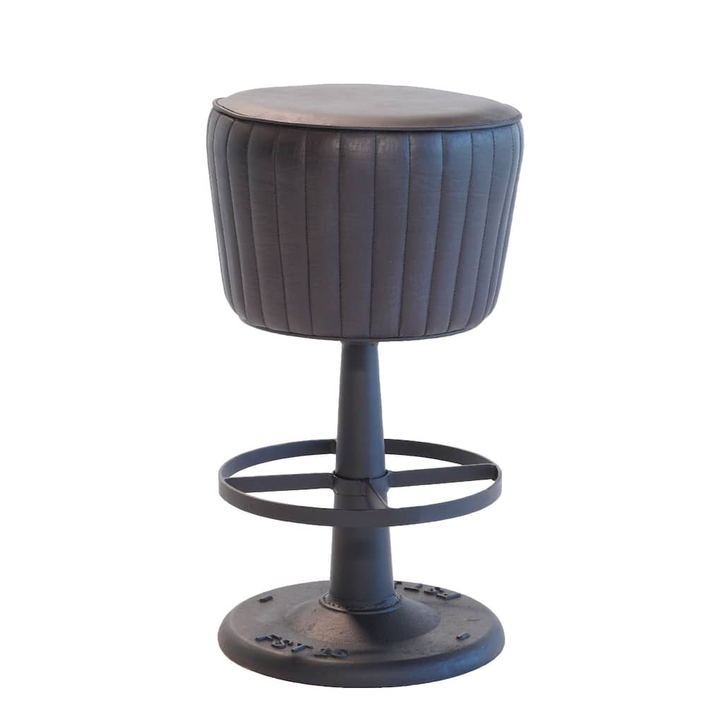 Myra Mushroom Counter Stool, Black Ribbed Leather, Dark Gray Iron Base