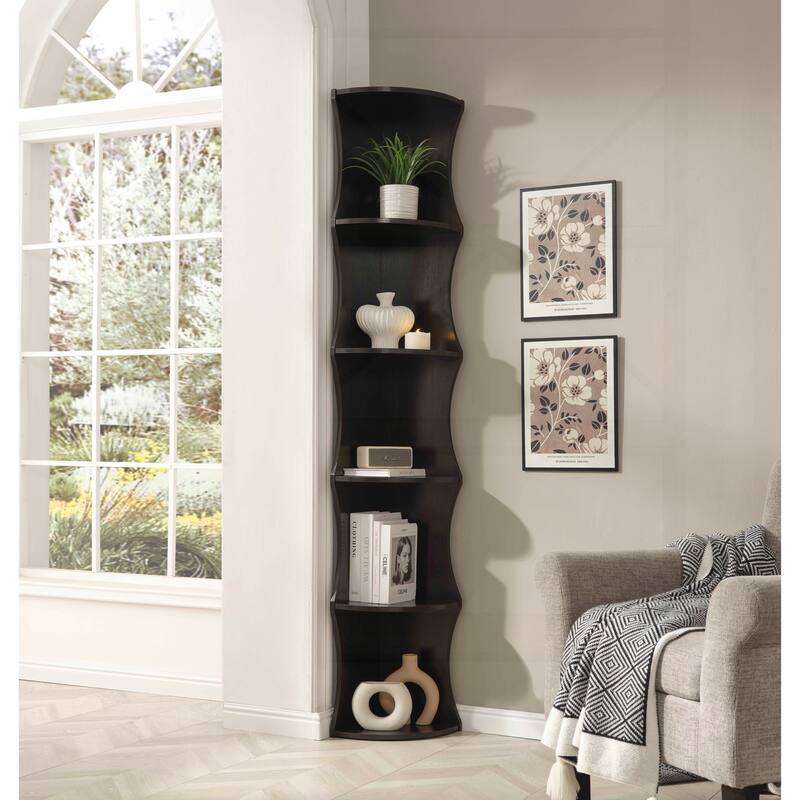 Stylish Five-Shelf Corner Bookcase for Home Organization and Display - Espresso