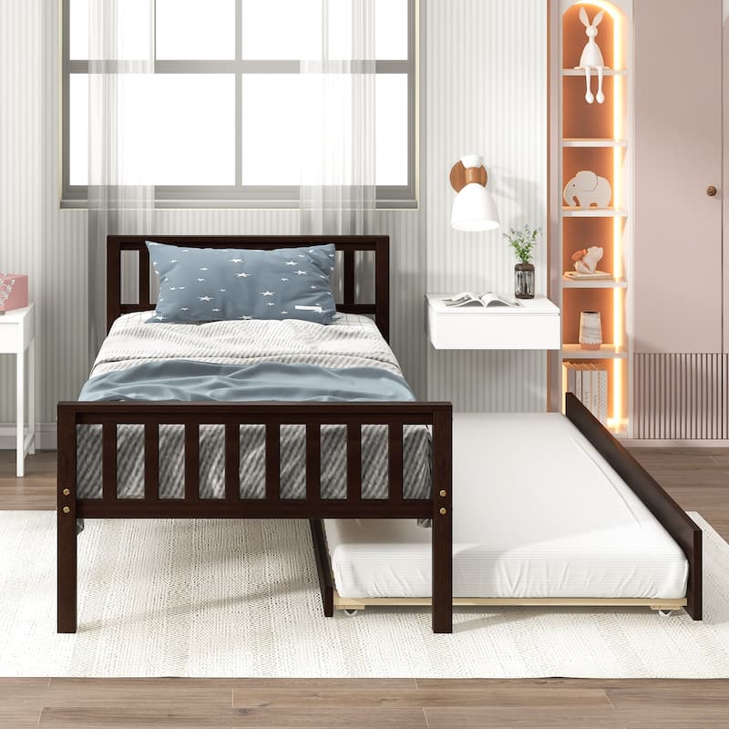 Twin Bed with Trundle, Platform Bed Frame with Headboard and Footboard for Bedroom Small Living Space, No Box Spring Needed