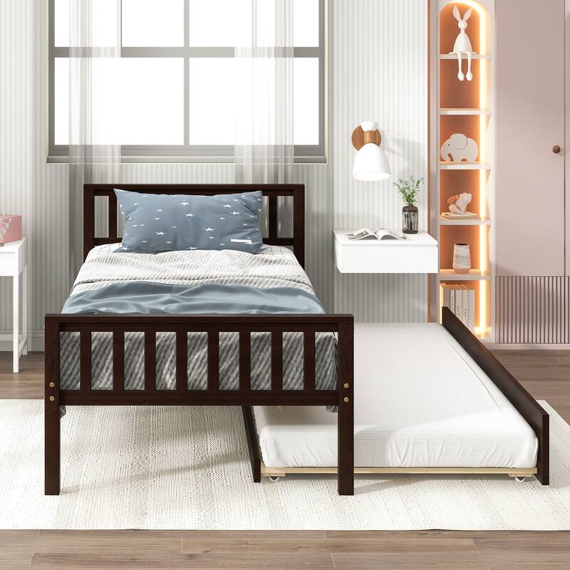 Twin Platform Bed Frame with Trundle, Headboard, and Footboard, No Box Spring Needed, Espresso