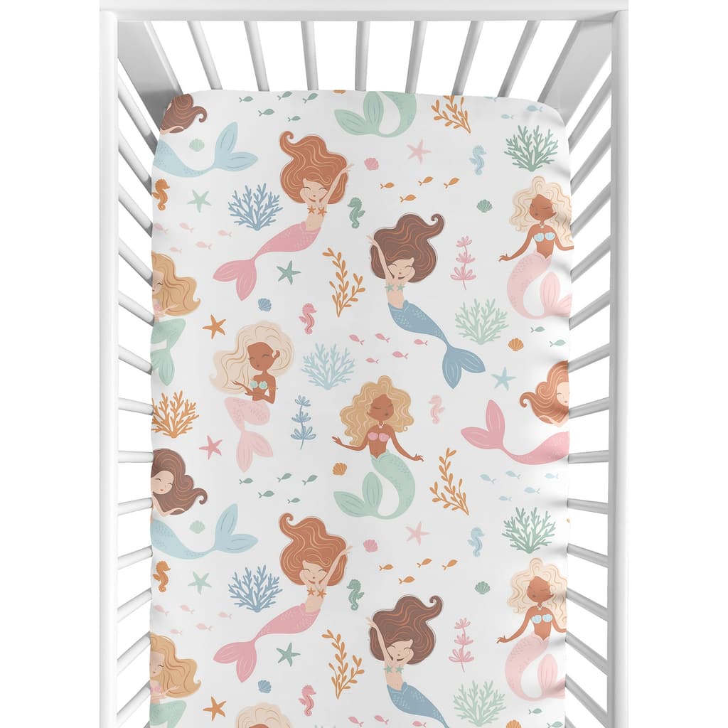 Sweet Jojo Designs Ocean Mermaids Girl Fitted Crib Sheet Pink Teal Under the Sea Underwater Theme Fairytale Fish Blue Orange