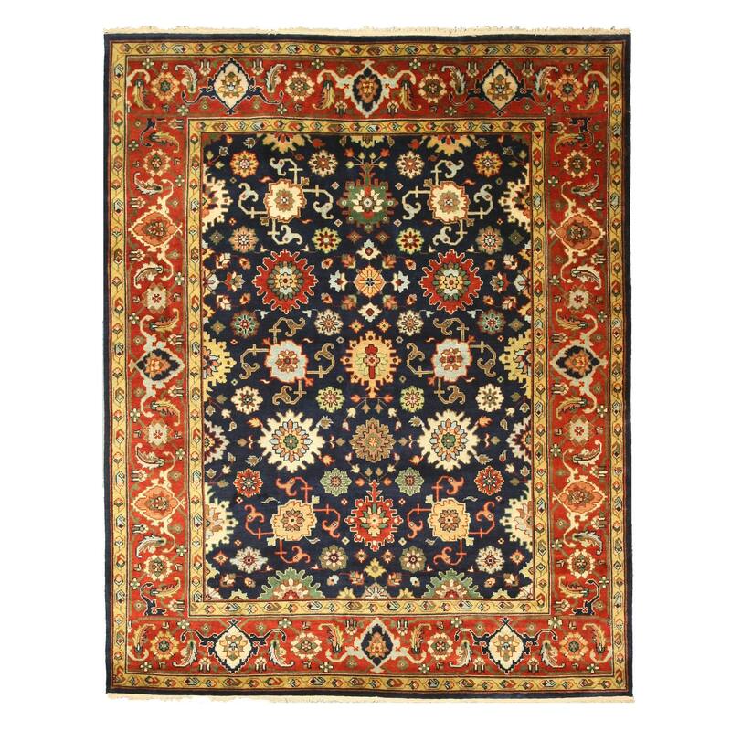 Navy Blue Hand-Knotted Traditional Wool Super Mahal Rug, 8' x 10', Rich Geometric Pattern with Elegant Design - N/A