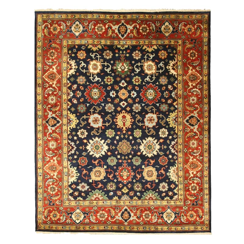 Navy Hand Knotted Wool Traditional Super Mahal Rug, 9' x 12', Classic Geometric Design with Deep Navy Tones - N/A