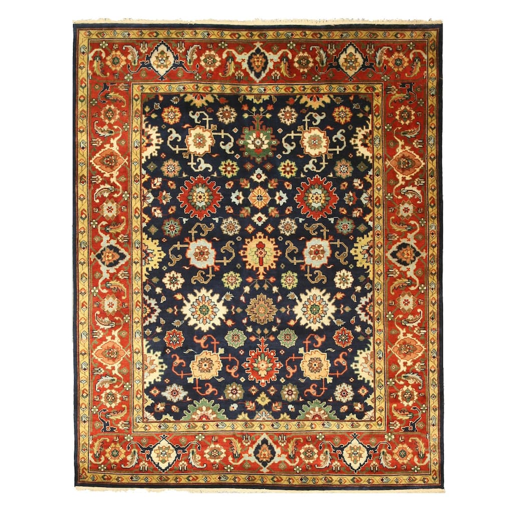 Navy Hand Knotted Wool Traditional Super Mahal Rug, 9' x 12', Classic Geometric Design with Deep Navy Tones - N/A