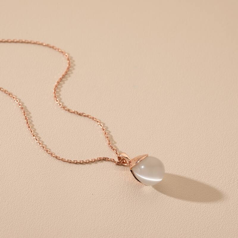 Rose-Tone Sterling Silver Cat's Eye Drop Pendant, Adjustable Chain