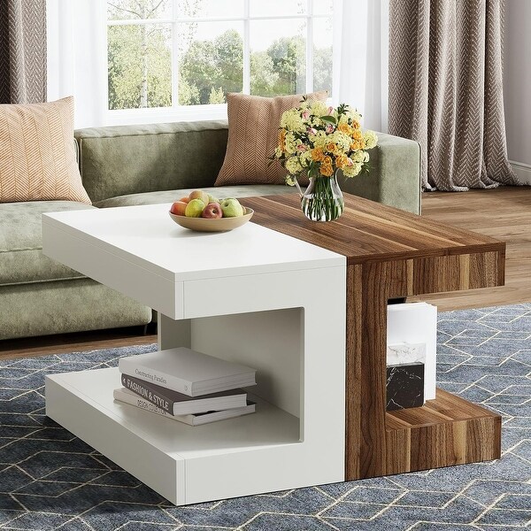 31.5 Inches Brown White Wood Square Coffee Table 2 Tier Vintage Center Table for Living Room Brown Black