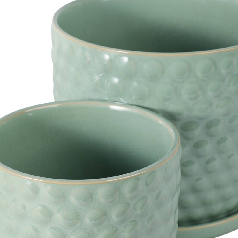 Ceramic Planters with Textured Bubble Surface and Saucers (Set of 2) - 8" x 8" x 7"