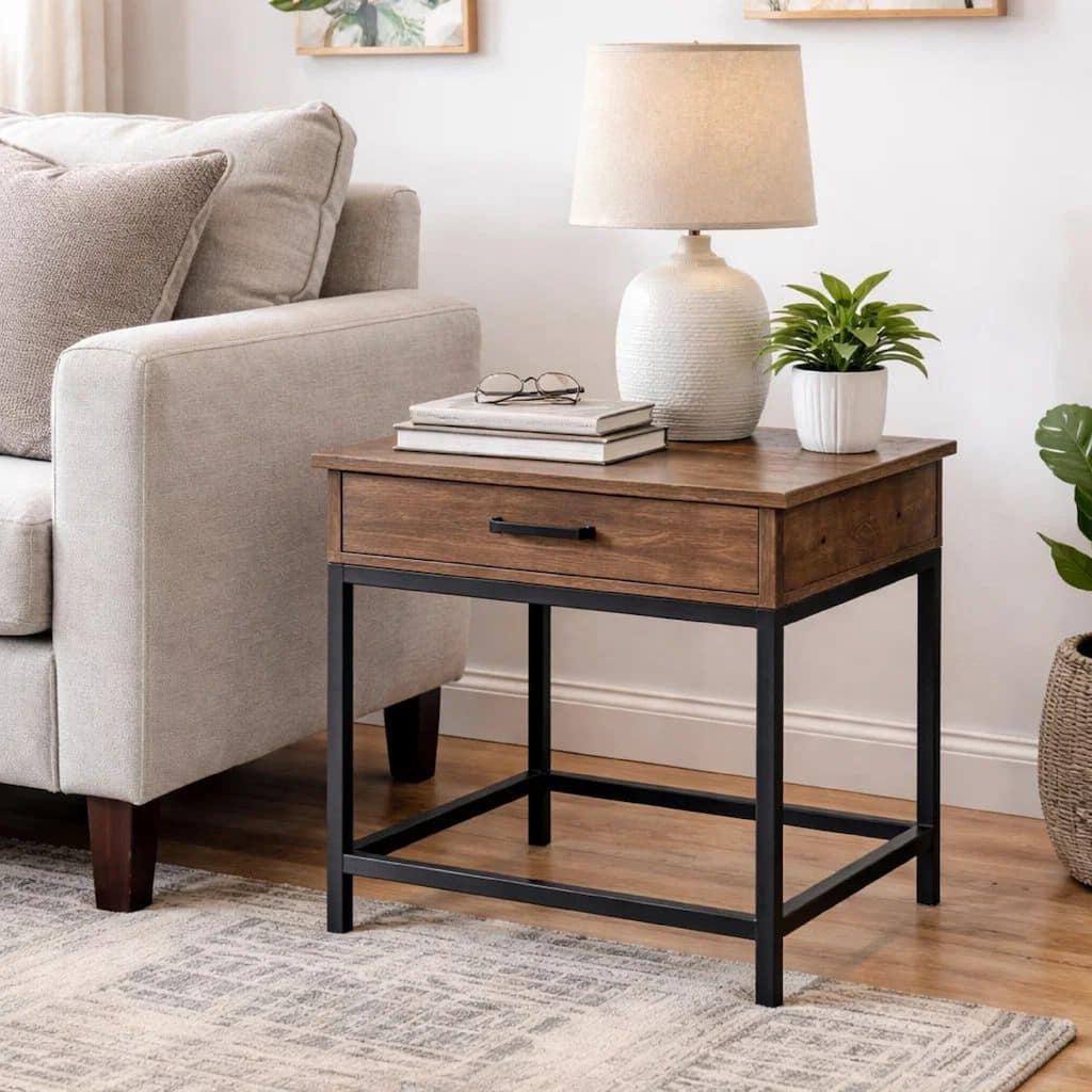 24 Inch Side End Table, Rectangular Tabletop, Single Drawer, Rustic Brown