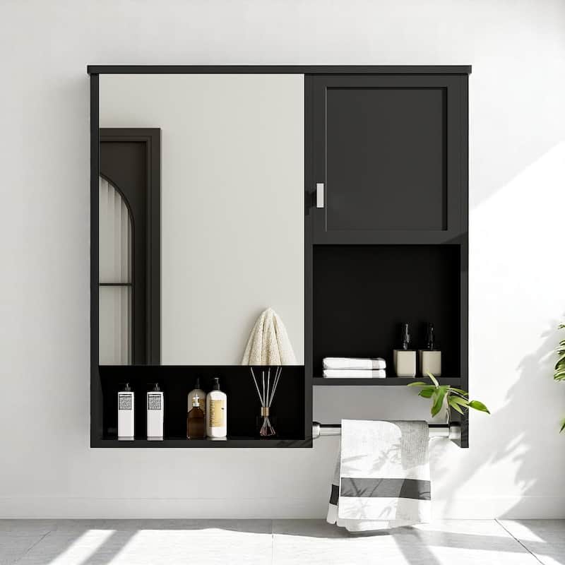 Modern 29" Bathroom Wall Cabinet with Mirror, 2 Doors, Adjustable Shelf, and Over-the-Toilet Towel Bar - Black