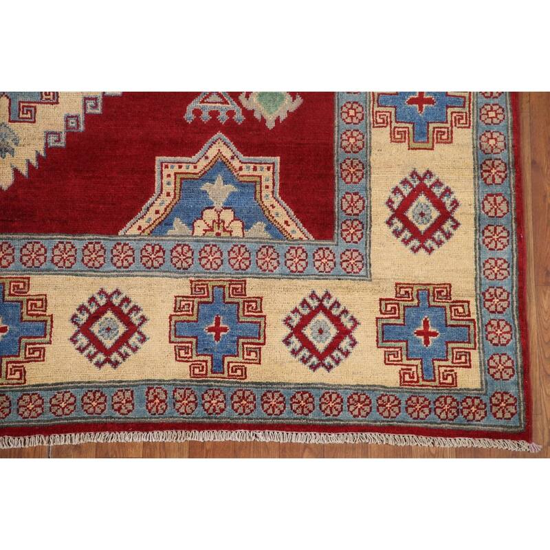 Hand Knotted Oriental 100% Wool Carpet Traditional Geometric Red Kazak Area Rug - 9' 8'' X 6' 7''