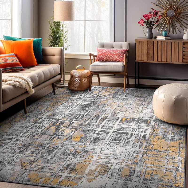 World Rug Gallery Distressed Abstract Area Rug - 5' x 7' - Yellow - Rectangle