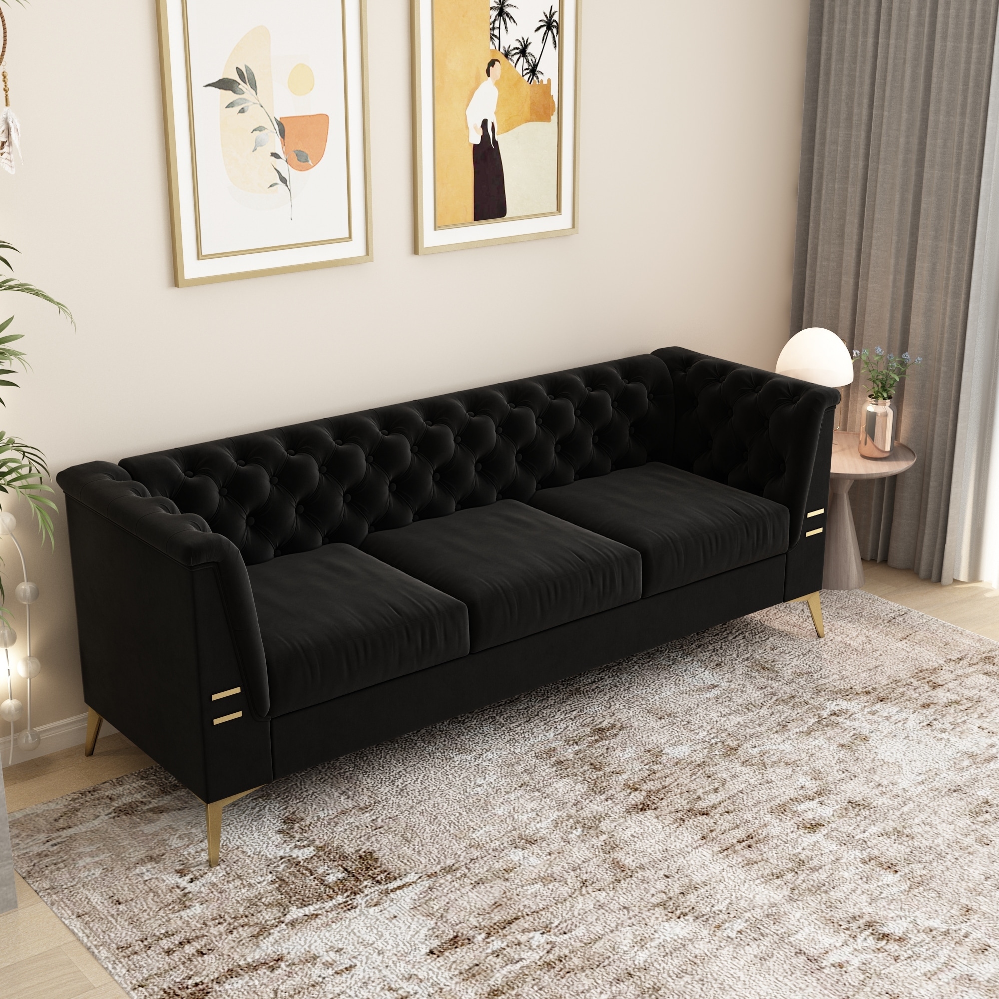 Black 82'' Modern Velvet 3-Seater Couch with Tufted Design and Gold Metal  Legs, image size:2000x2000