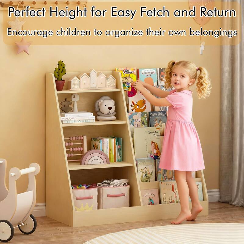Kids Bookshelf and Toy Storage Organizer, Multifunctional 4 Tier Wooden Kids Book Shelf with Bookcase Display Stand