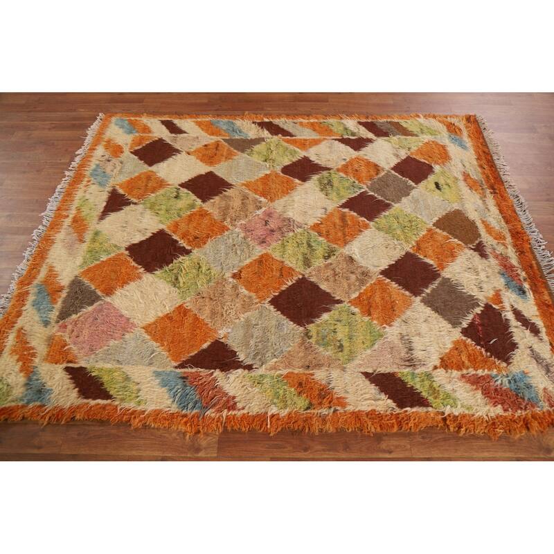 Hand Knotted Oriental 100% Wool Carpet Modern Geometric Oranges & Rust Moroccan Area Rug - 6' 4'' X 5' 2''
