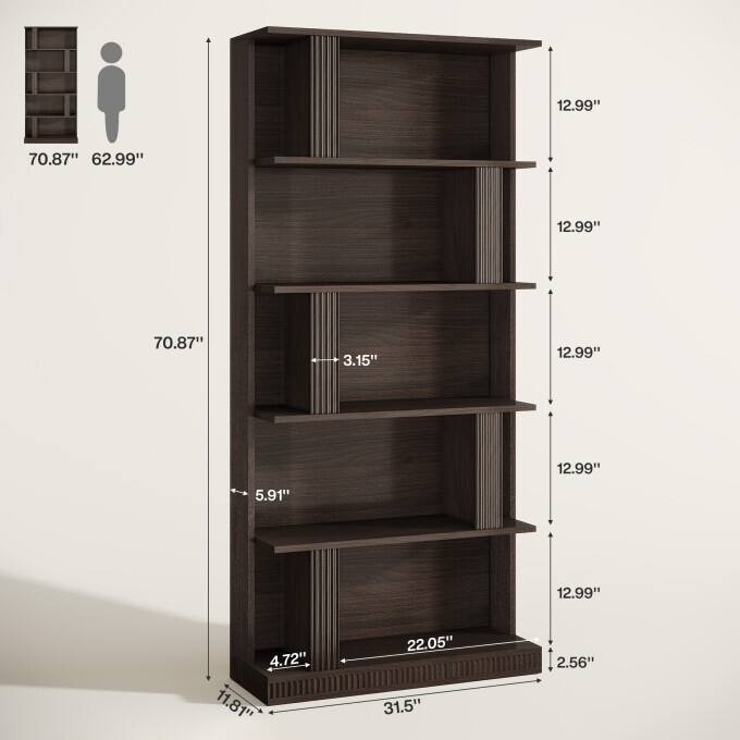 70-Inch Tall Storage Bookshelf, 5-Tier Modern Black Bookcase