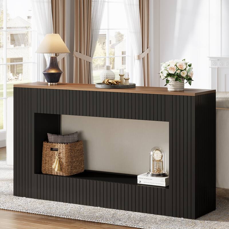 55-Inch Modern Console Table with Storage, 2-Tier Narrow Long Sofa Table Behind Couch Table for Entryway - Black/Walnut