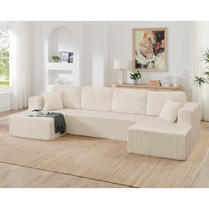 U-Shape Sleeper Sofa, Modular Corduroy Minimalist, Space-Saving